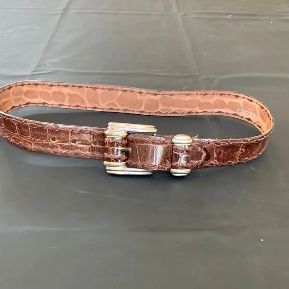 La Doppia Vita Brown Croc Embossed Leather Double Prong Belt